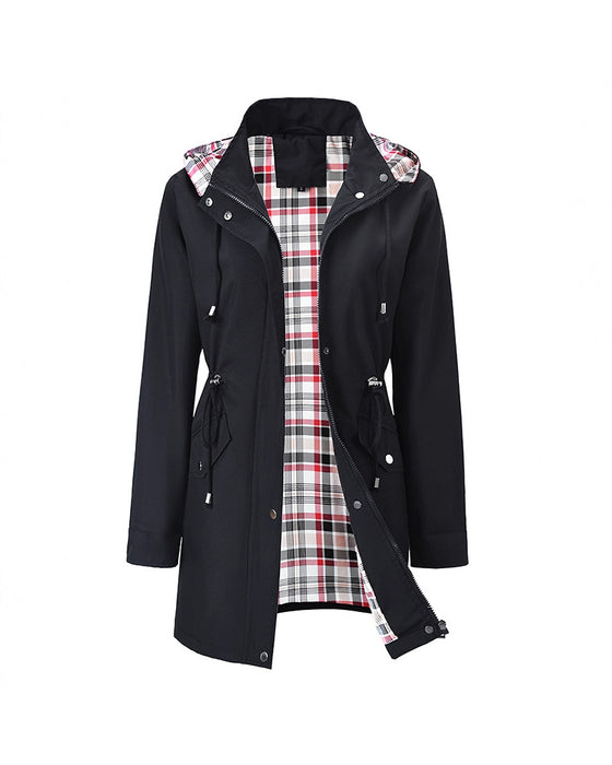 Damen Langer Wasserdichter Trenchcoat Mit Kapuze