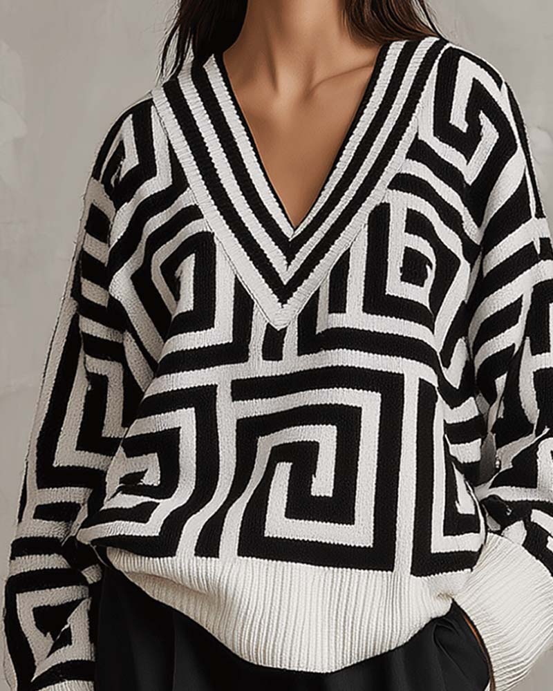 Pullover Geometrisches Muster V-Ausschnitt Gestrickte