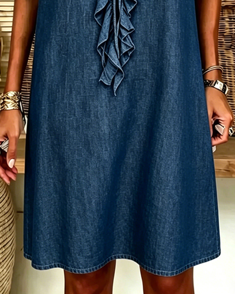 Kleid V-Ausschnitt Denim Rüsche
