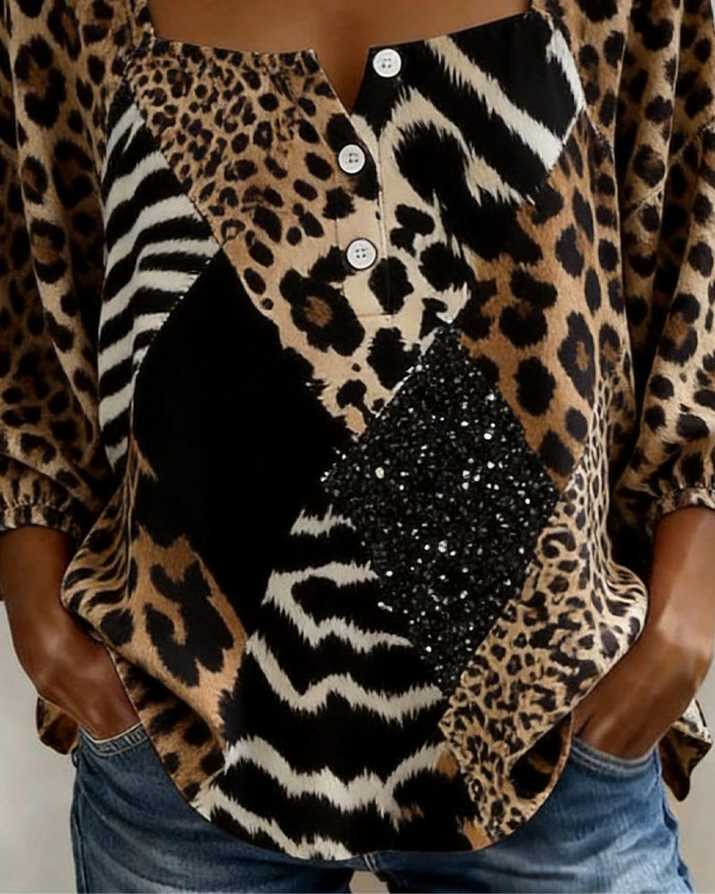 Bluse Quadratischer Ausschnitt Leopardenmuster Patchwork Paillette