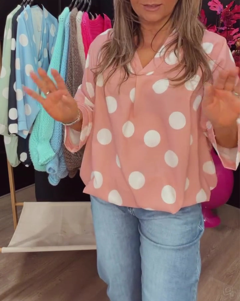 Bluse V-Ausschnitt Gepunktet Locker