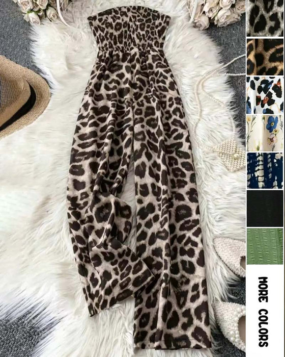 Jumpsuit Trägerlos Leopard Druck Breites Bein Tailliert