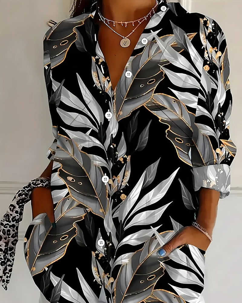 Bluse Blatt Print Langarm