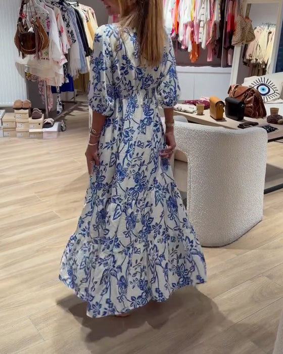 Kleid Tiefer V-Ausschnitt Elegant Blumig Lang