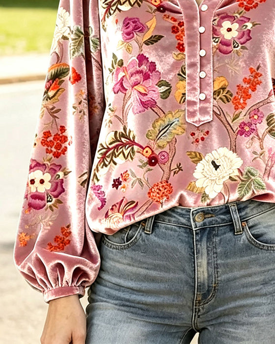 Bluse V-Ausschnitt Knopf Drapiert Blumen