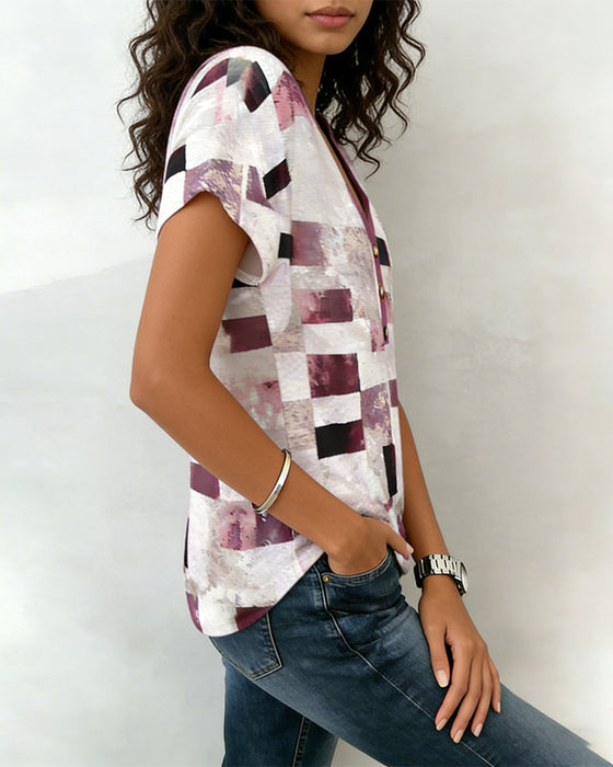 T-Shirt V-Ausschnitt Geometrischer Druck Lässig