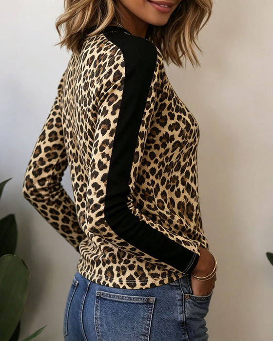 Oberteil Rundhals Leopard Farbblock