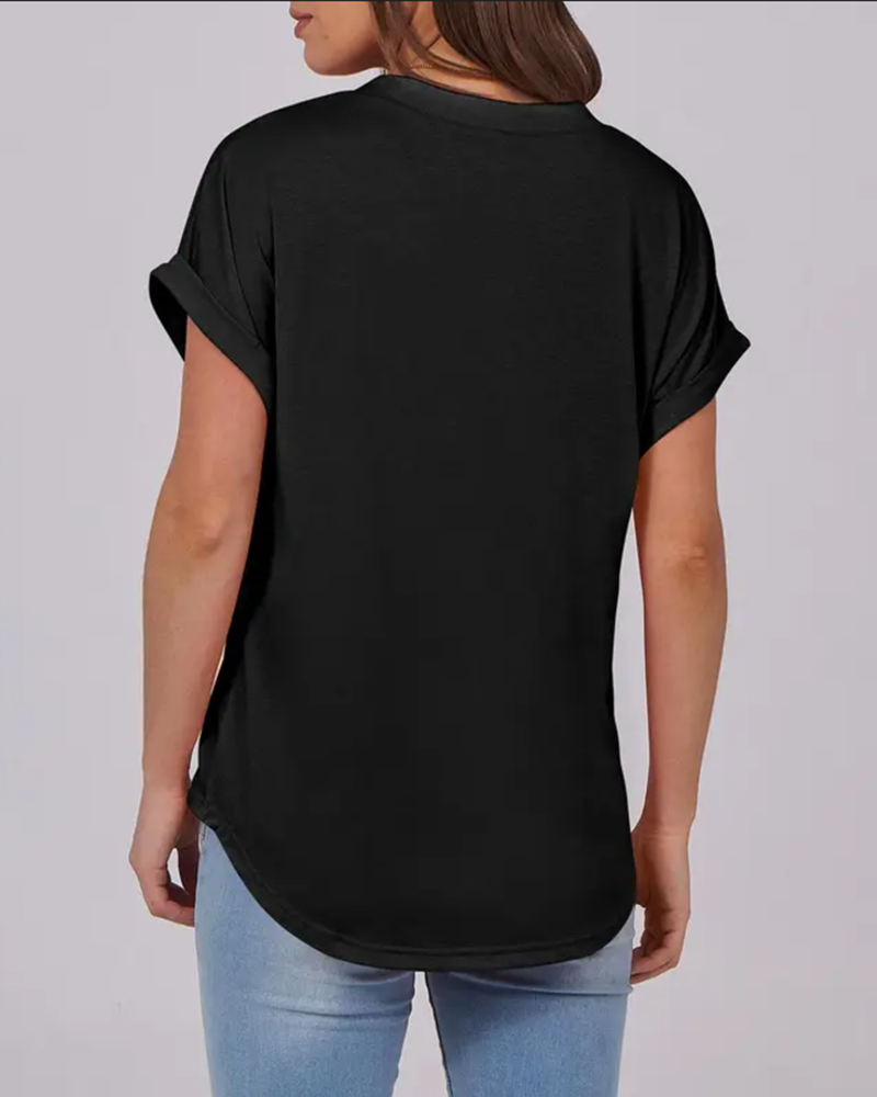 T-Shirt Unifarben V-Ausschnitt Kurzarm