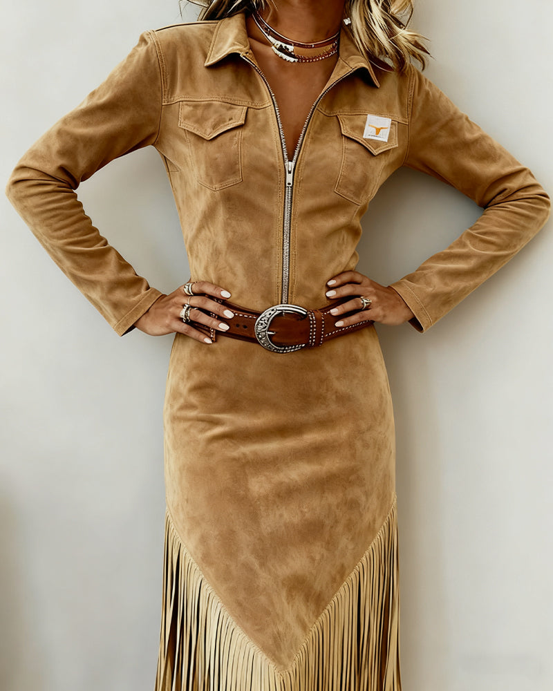 Unifarbenes Kleid mit Halbreißverschluss und Quasten