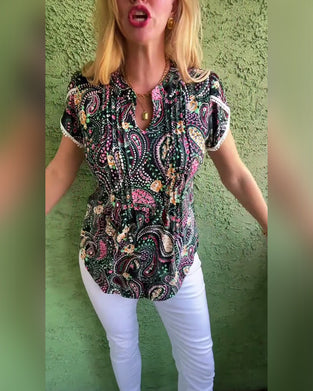 Blouse Manche Pétale Plissée Imprimée