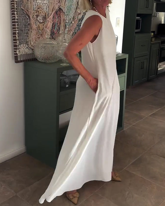 Kleid Ärmellos Locker Drapiert Lang