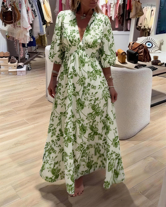 Kleid Tiefer V-Ausschnitt Elegant Blumig Lang