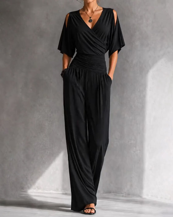 Jumpsuit V-Ausschnitt Crossover Kalte Schulter Taille Tasche