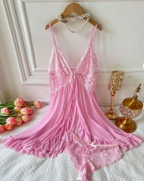 Cami Nachthemd & Schleifen-Deko Slip Set Damen Sexy Rüschenbesatz Spitze