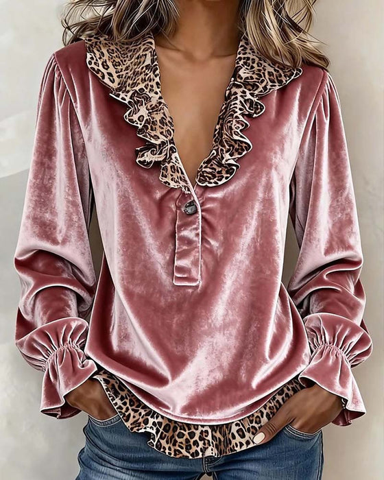 Bluse V-Ausschnitt Leopard Druck Rüsche Ärmel