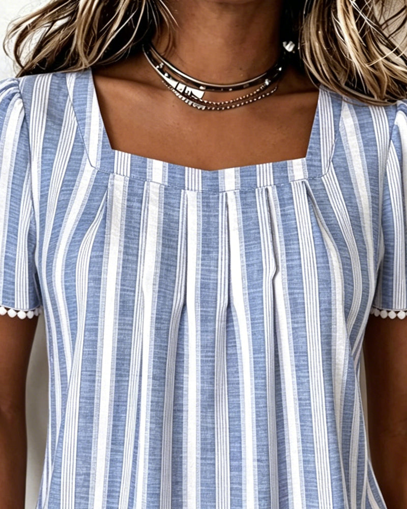 Bluse Gestreift Eckiger Ausschnitt Kurzarm