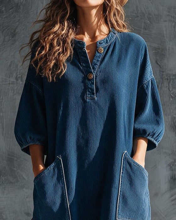 Kleid Cord Knopf Vorne Ellenbogenlang Puffärmel Locker
