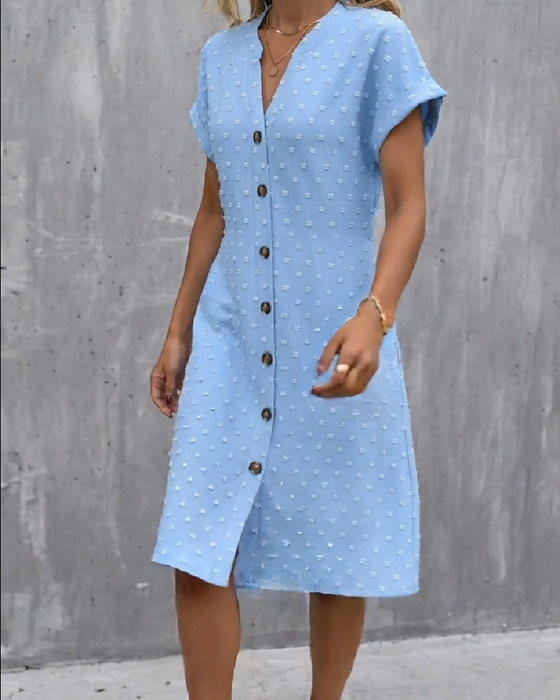 Hemdkleid Jacquard V-Ausschnitt Knopfleiste Midi Hemd