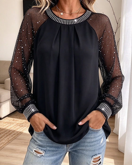 Top Rundhals Mesh Plissiert Langarm