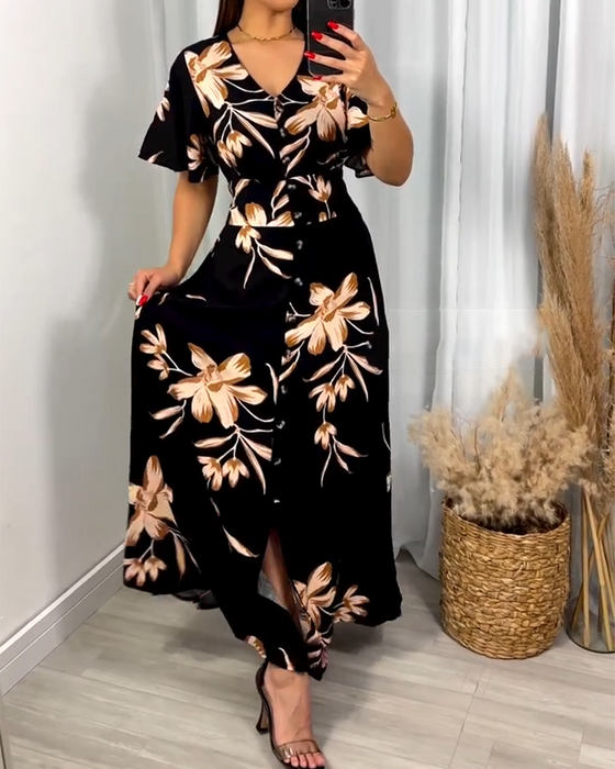 Kleid V-Ausschnitt Blumendruck Taille