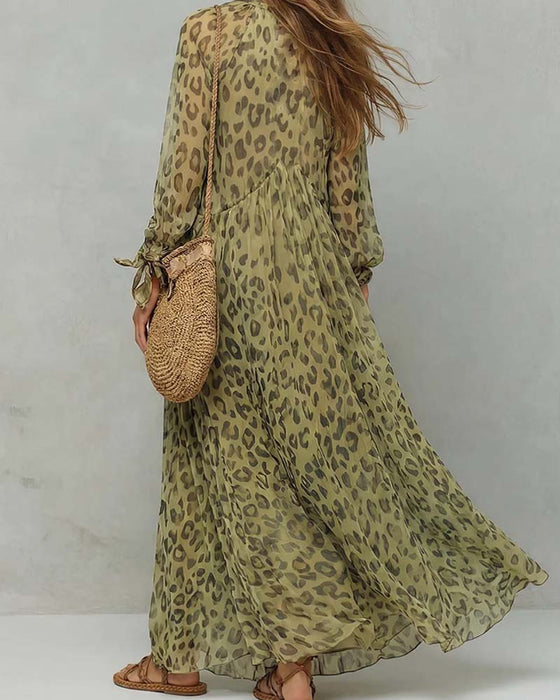 Kleid V-Ausschnitt Langarm Leopard Maxi