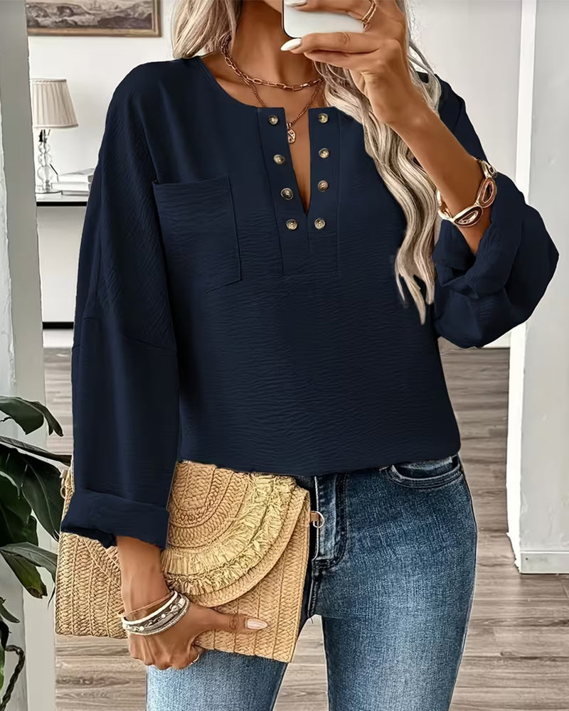 Hemd Knopfdetal Tasche V-Ausschnitt