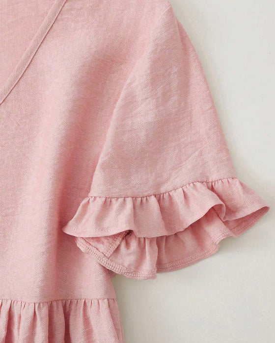 Bluse V-Ausschnitt Rüsche Perle Knopf