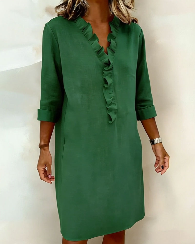 Kleid gerüscht V-Ausschnitt einfarbig