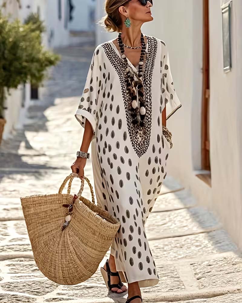 Kleid V-Ausschnitt Gepunktet Resort Druck