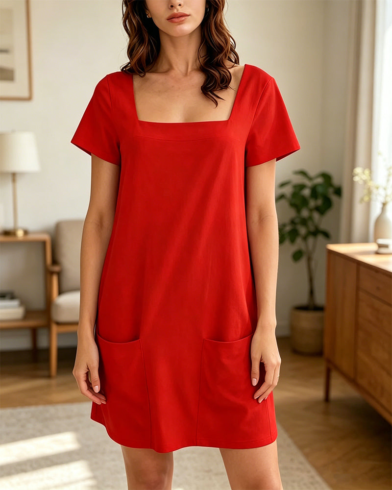 Kleid Quadratischer Ausschnitt Kurzarm Tasche