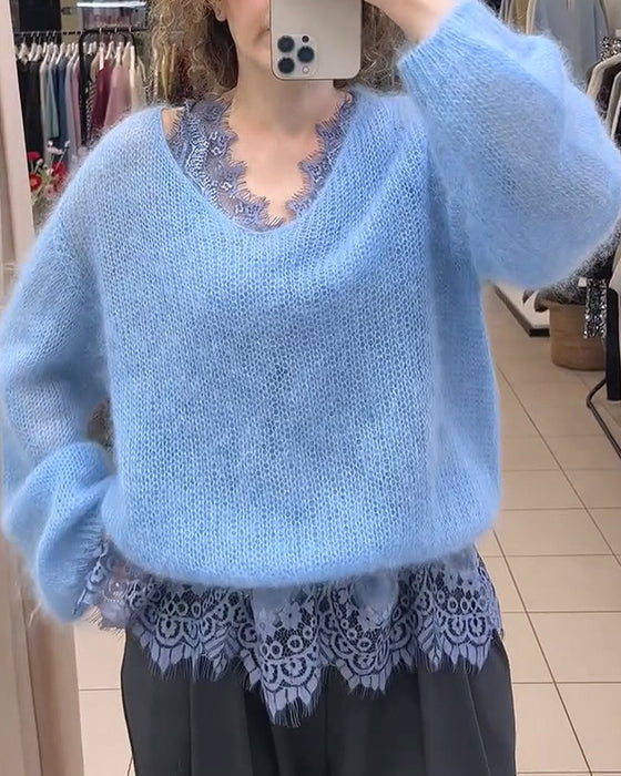 Pullover V-Ausschnitt Uni Patchwork