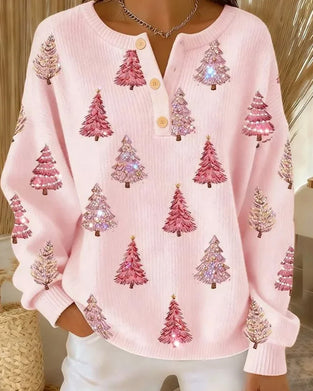 Pullover Weihnachtsbaum Druck Henley Kragen