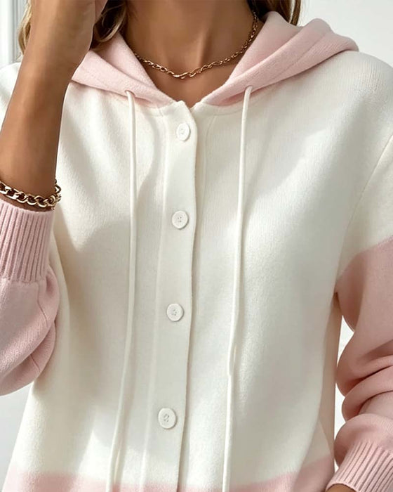 Cardigan Farbblock Mit Kapuze Einreihig Gestrickt