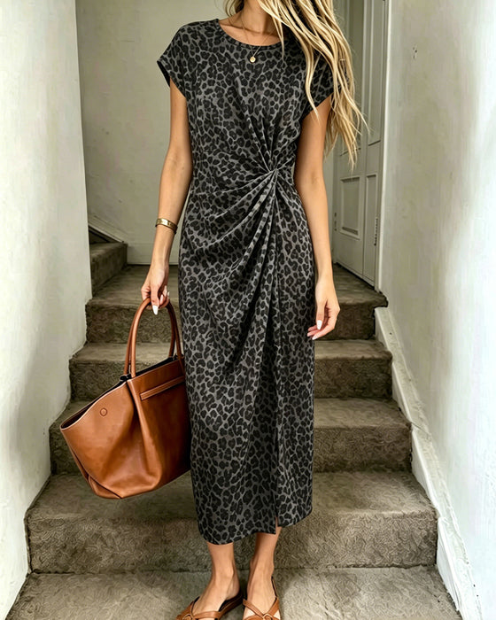 Kleid Rundhals Twist Vorne Leopard Kurzarm Lang
