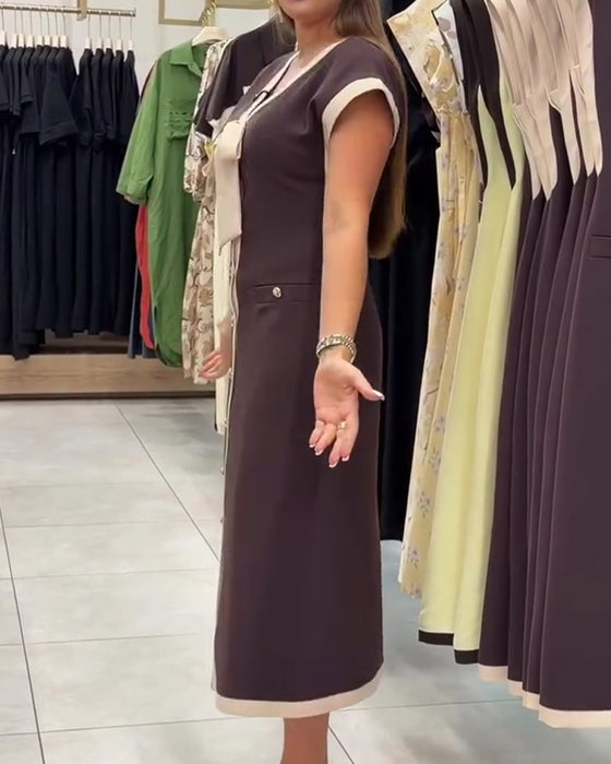 Kleid V-Ausschnitt Schleife Knopf