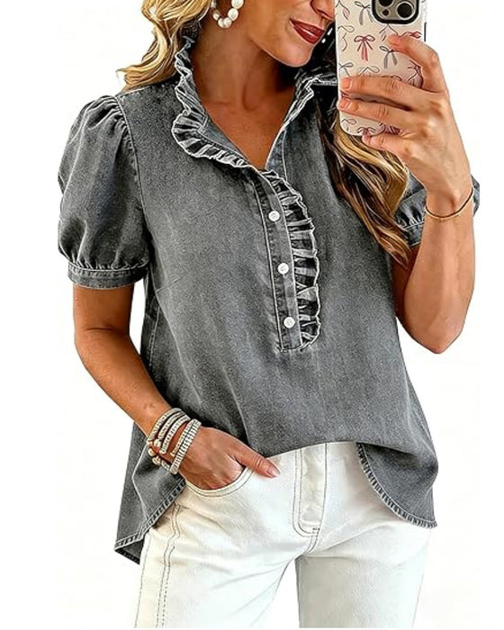Bluse Knopf Hoch Rüsche Denim