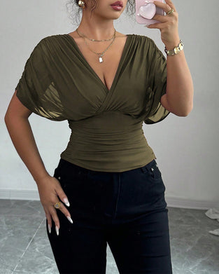 Bluse Uni Farbe Tiefer V-Ausschnitt Taille Kurzarm