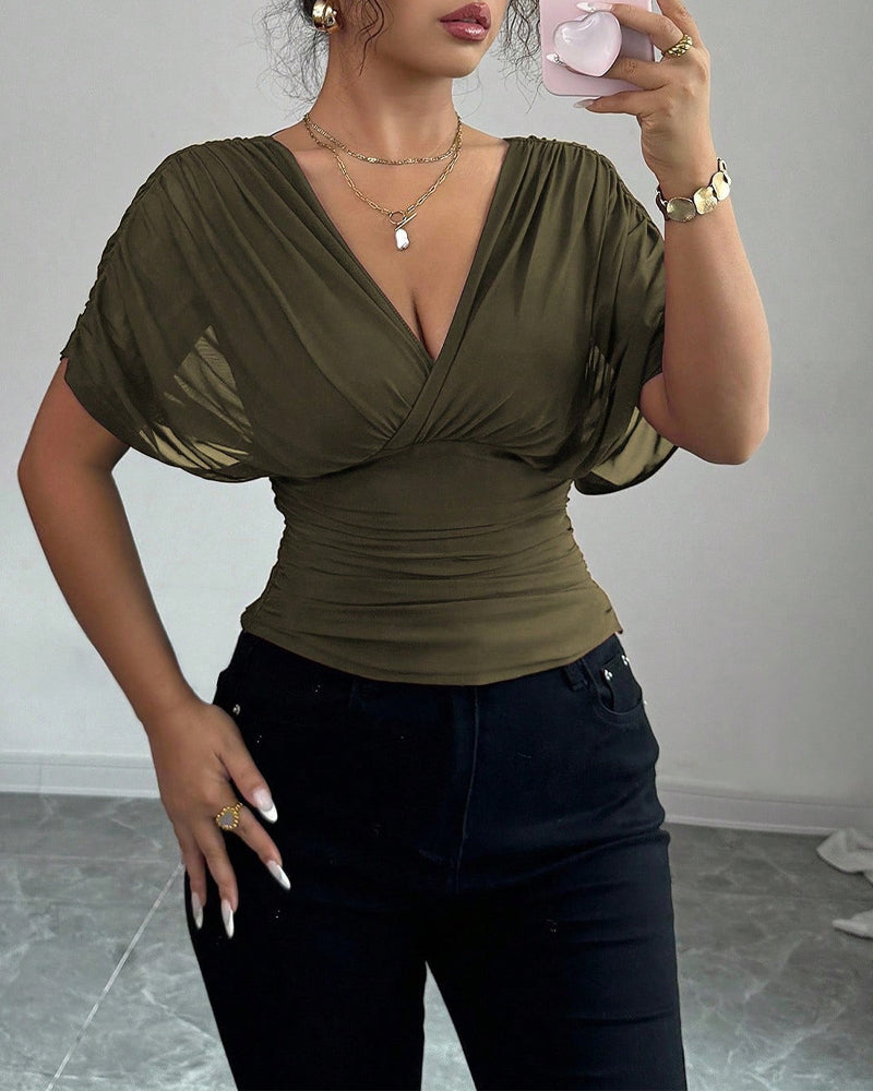 Bluse Uni Farbe Tiefer V-Ausschnitt Taille Kurzarm