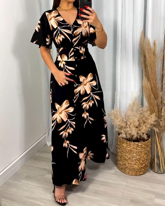 Kleid V-Ausschnitt Blumendruck Taille