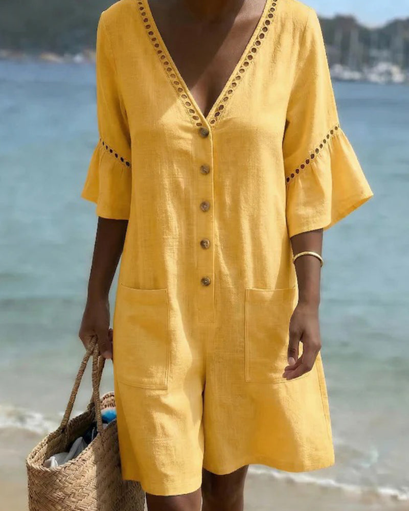 Jumpsuit V-Ausschnitt Unifarben ausgeschnitten