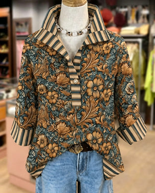 Bluse Revers Lässig Blumen Knopf