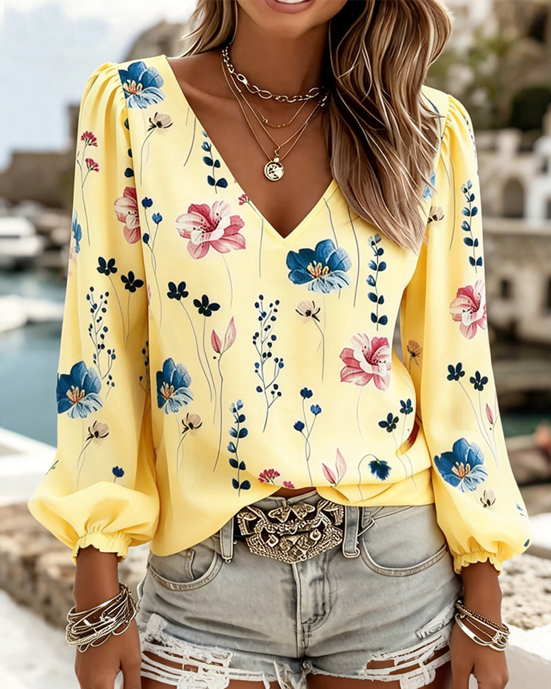 Bluse Laterne Ärmel V-Ausschnitt Blumig