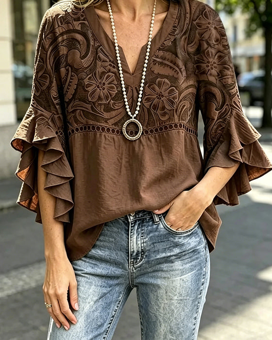 Bluse Vintage Blumenprint Asymmetrischer Rüschenärmel