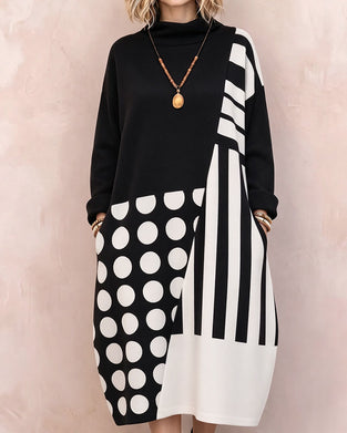 Kleid Patchwork Polka Dot Gestreift Hoher Hals Langarm