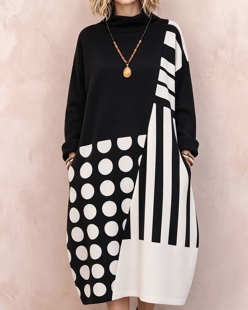 Kleid Patchwork Polka Dot Gestreift Hoher Hals Langarm