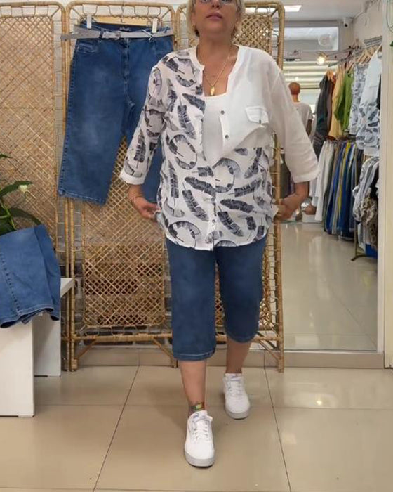 Bluse Dreiviertelarm Bedruckt Kontrast