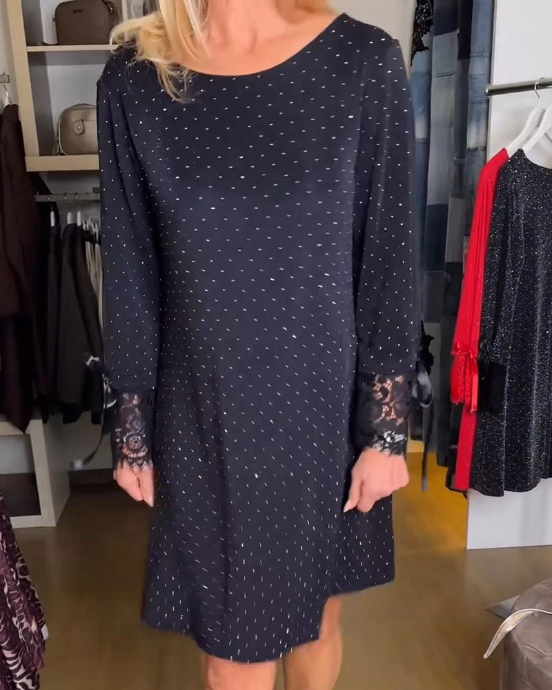 Kleid Uni-Farbe Patchwork schimmernder Rundhalsausschnitt