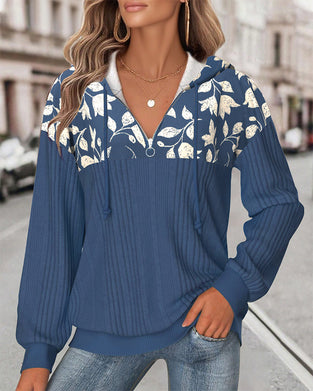 Sweatshirt Mit Kapuze Halbreißverschluss Blumenprint