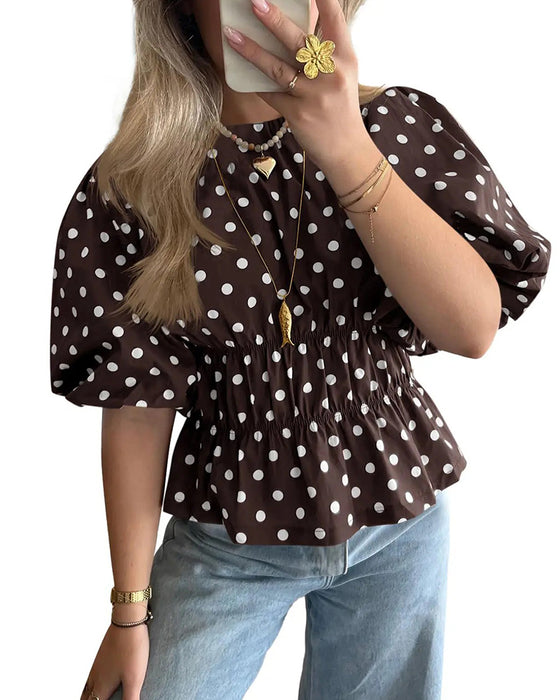 Bluse Pünktchen Off-Shoulder Tailliert Blasenärmel