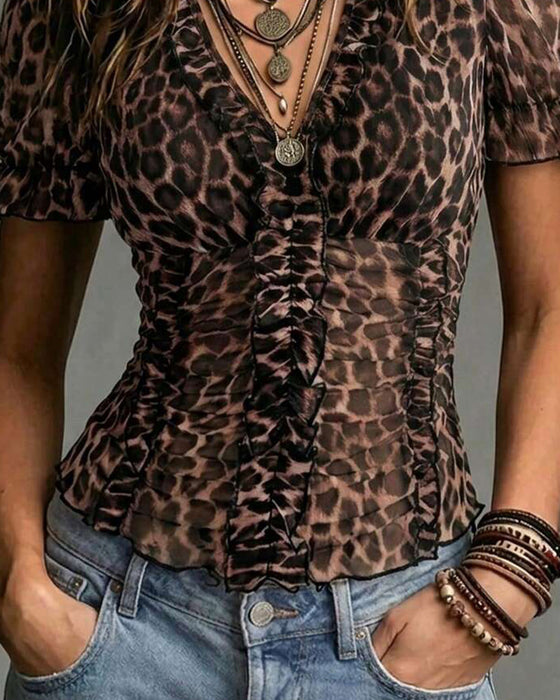 Bluse V-Ausschnitt Leopard Druck Rüsche Puffärmel